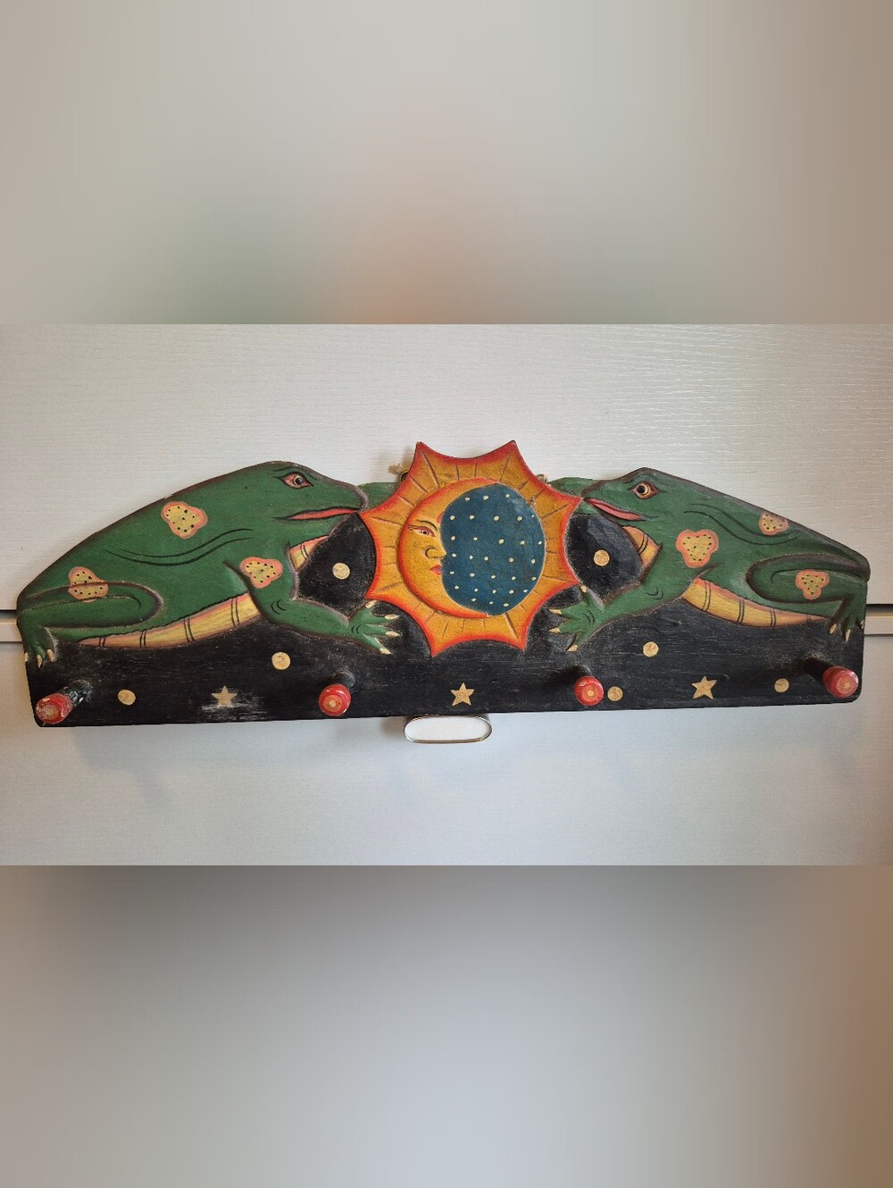 Vintage 90s Hand Carved Wooden Celestial Frog Lizard Sun Moon Peg Coat Rack Hook